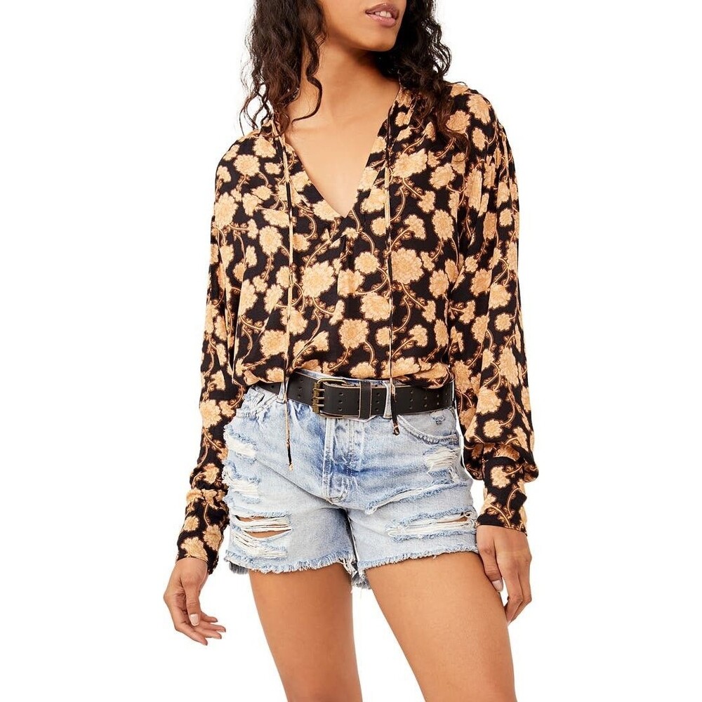 FREE PEOPLE Mia Tunic Blouse XS Black Ivory Floral V-Neck Tie Boho Flowy Shirt